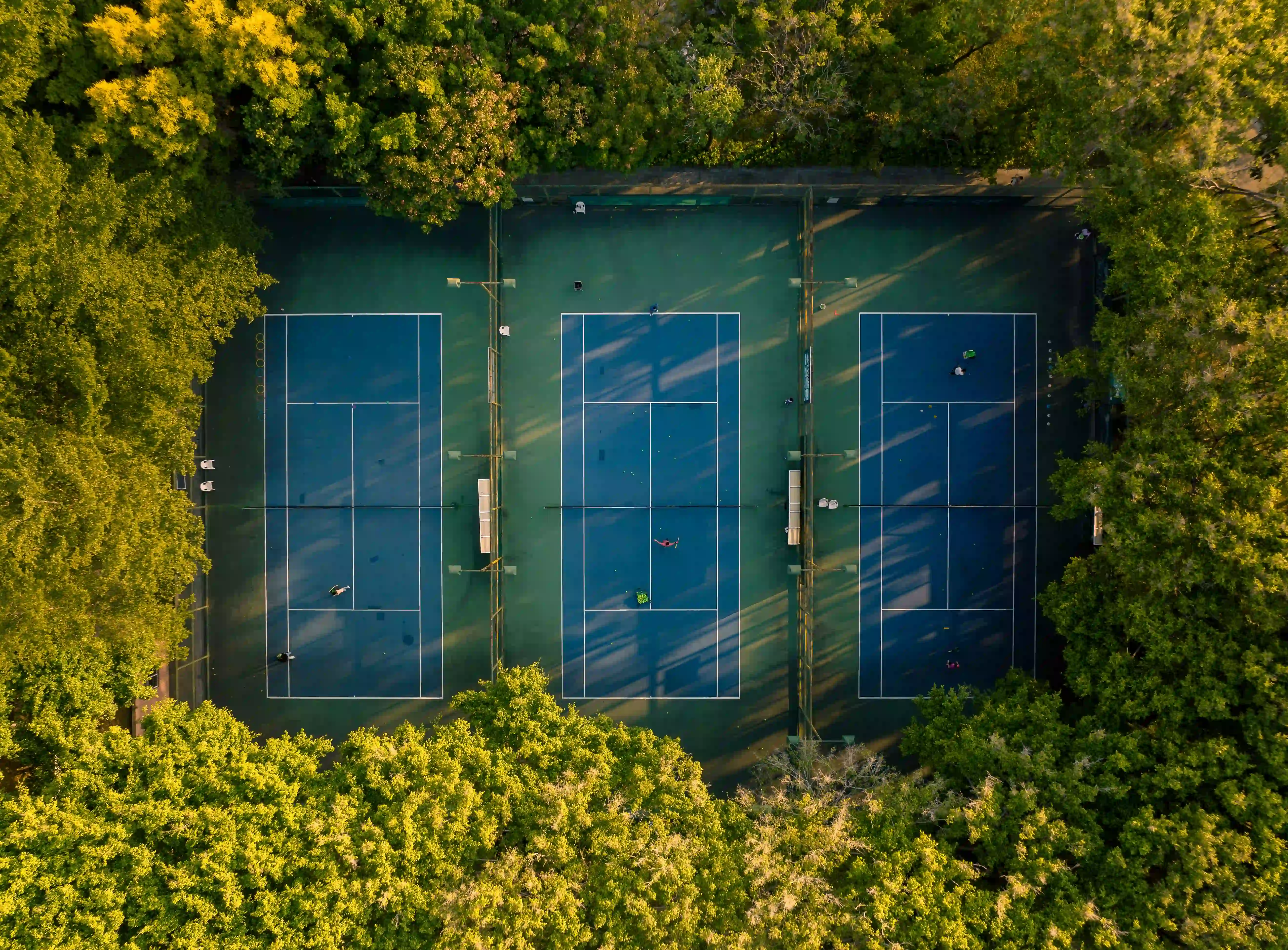 Multiple tennis courts side by side covered with green trees
